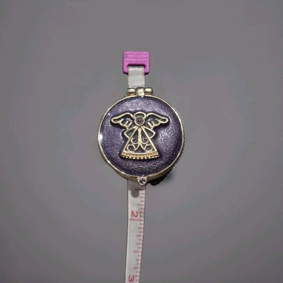 PURPLE Pearl Inlay small Hinged Trinket Box with ANGEL & crystal round 1-1/2" - Picture 6 of 6